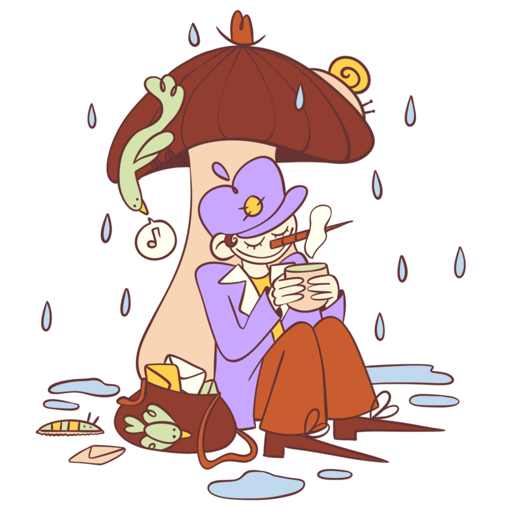 Dessin d'un facteur qui se protège de la pluie sous un champignon et se réchauffant avec une tasse de thé