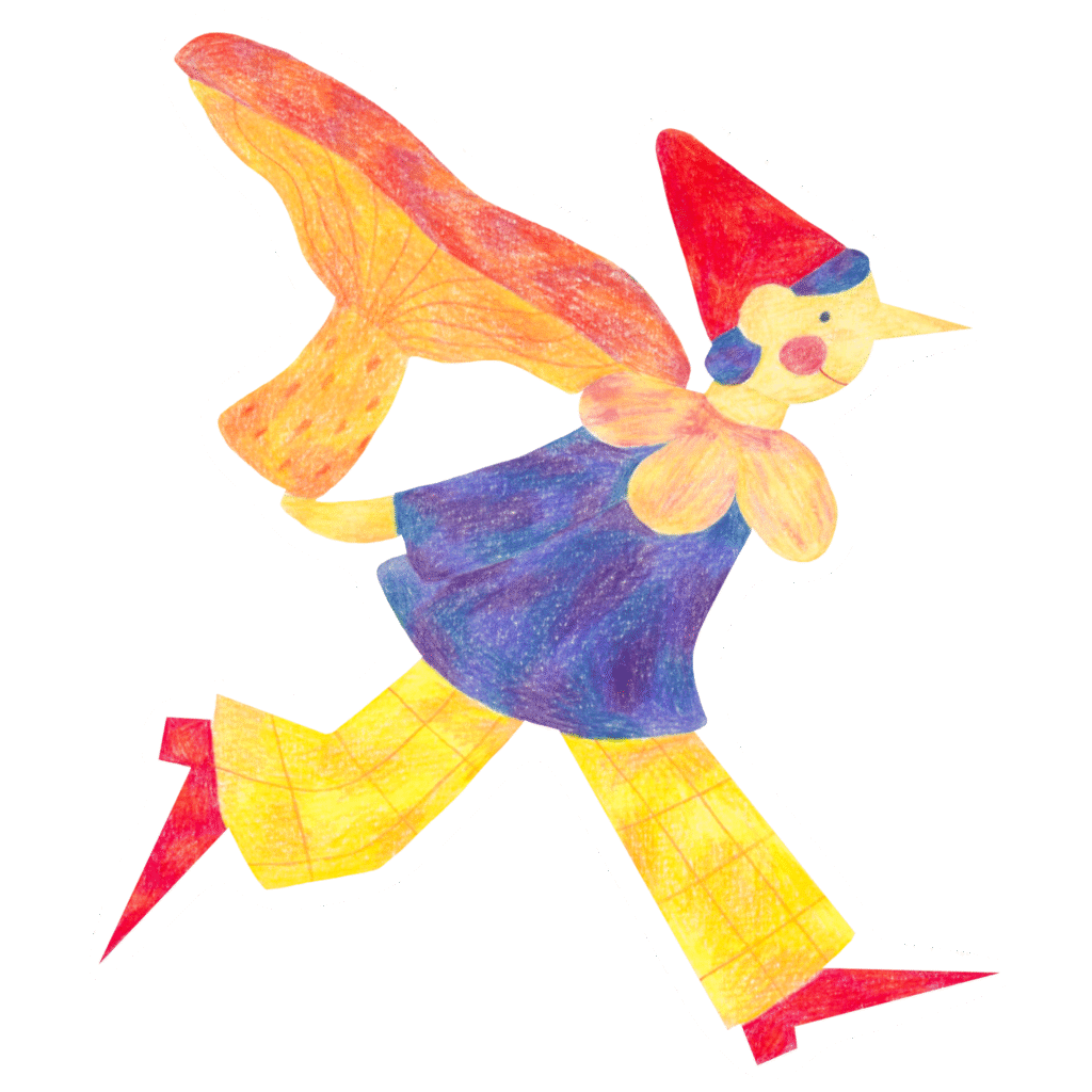 Autocollant d'un chasseur de champignons qui court. Il a un pull bleu, un chapeau pointu rouge et un pantalon jaune.