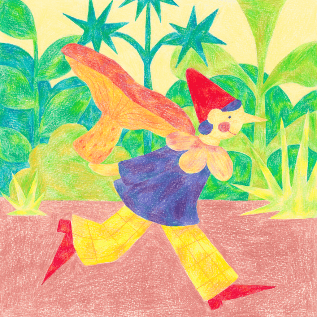 Dessin d'un chasseur de champignons qui court à travers la forêt avec un champignon géant sur le dos